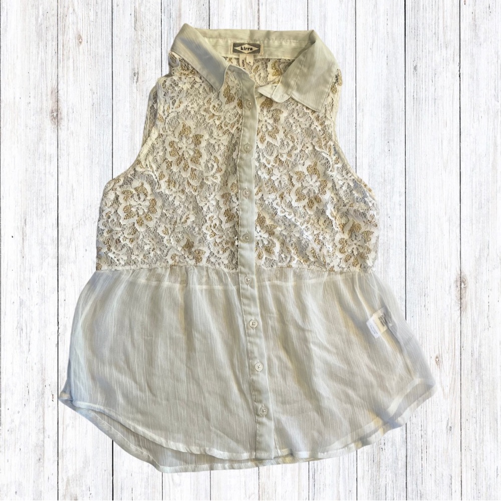Kirra sheer sleeveless lace button top. White gold accents Coquette Cottage S